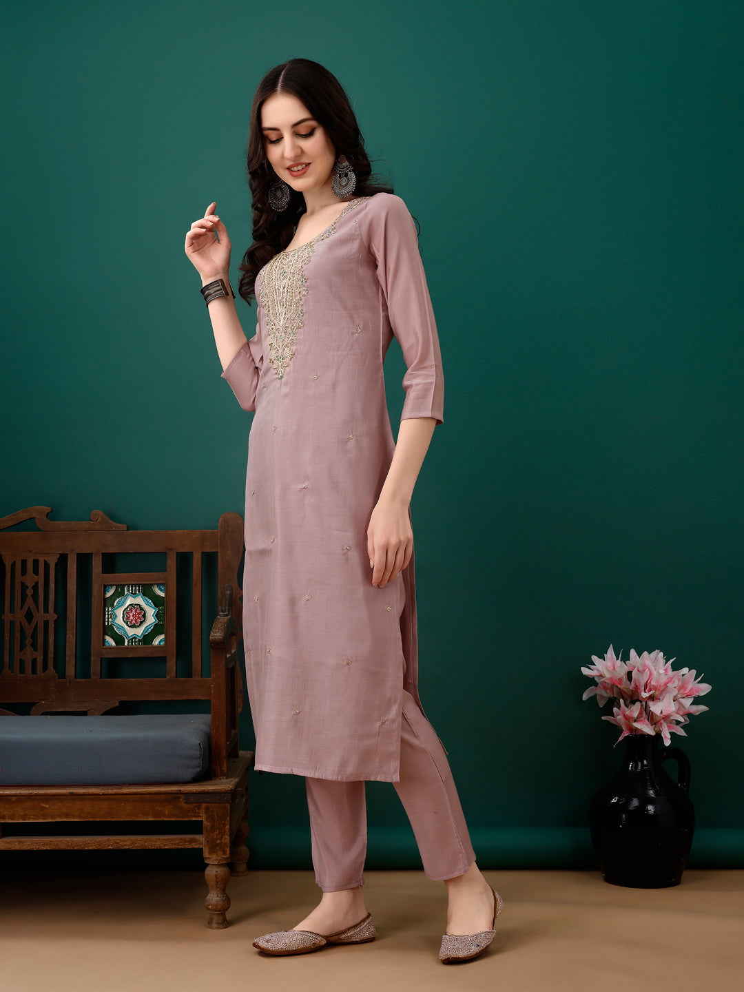Hand Embroidered Kurta With Pant & Dupatta, Lavender - Hiral Fashion