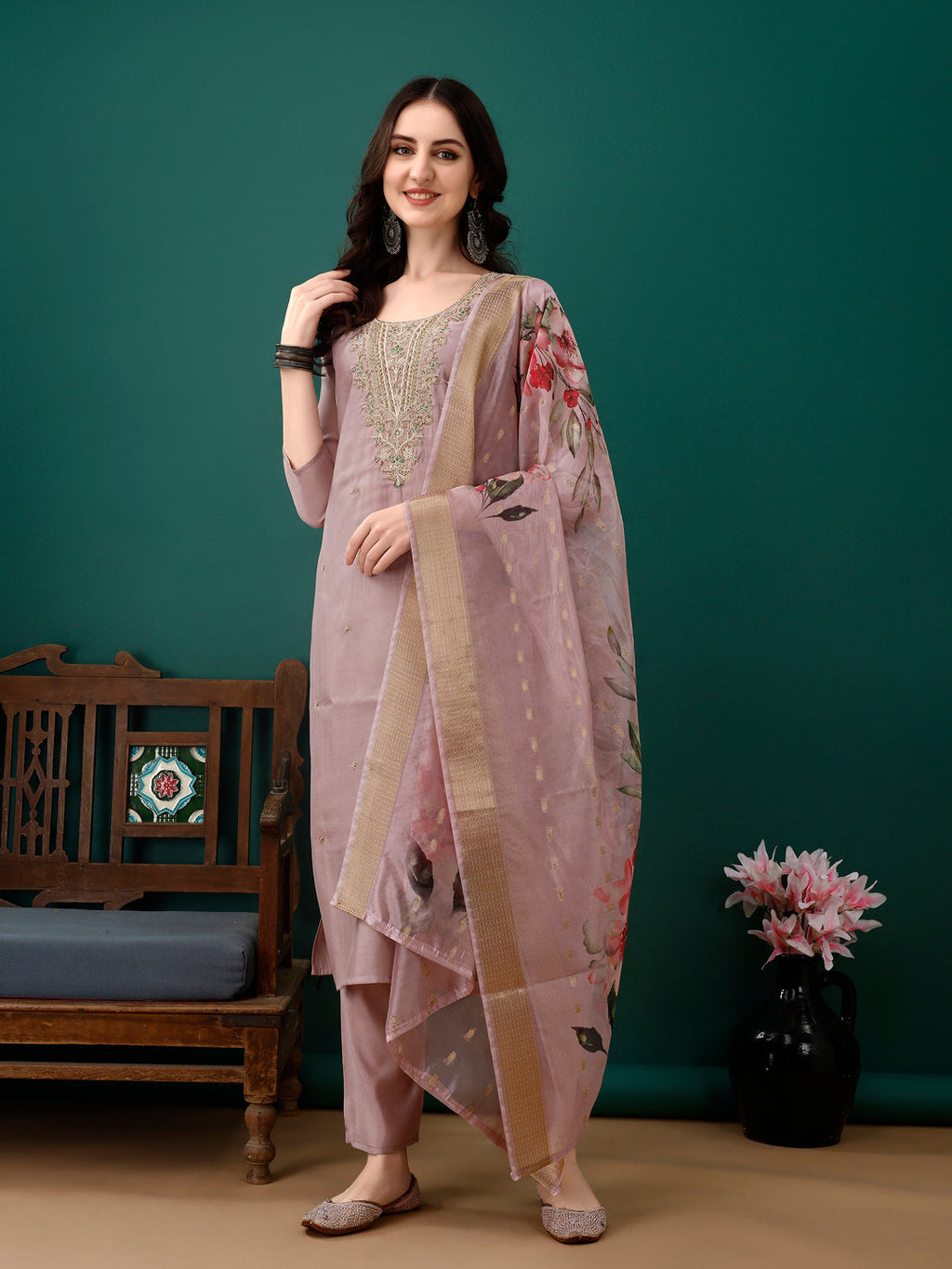 Hand Embroidered Kurta With Pant & Dupatta, Lavender - Hiral Fashion