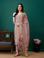 Hand Embroidered Kurta With Pant & Dupatta, Lavender - Hiral Fashion