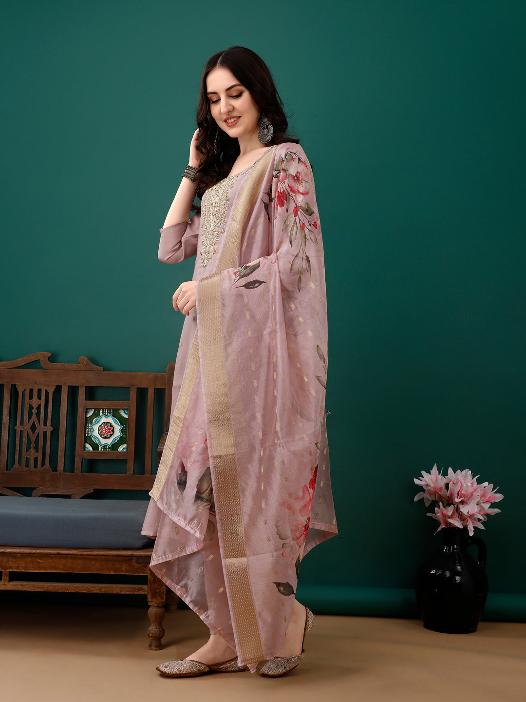 Hand Embroidered Kurta With Pant & Dupatta, Lavender - Hiral Fashion