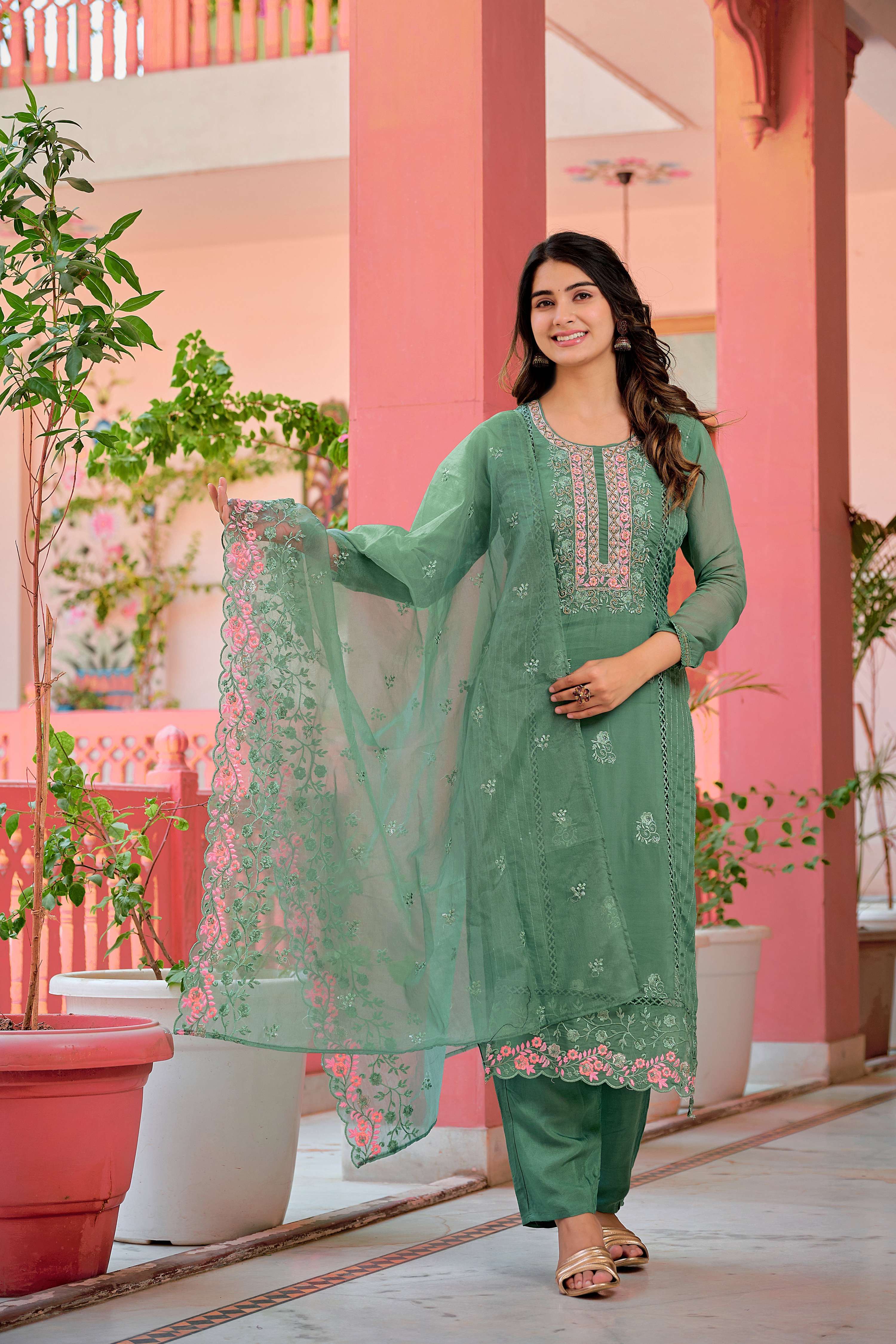 Hand Embroidered & Lace Detailed Kurta With Pant & Dupatta Premium Luxury, Multicolor - Hiral Fashion - Distacart