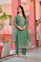 Hand Embroidered & Lace Detailed Kurta With Pant & Dupatta Premium Luxury, Multicolor - Hiral Fashion - Distacart