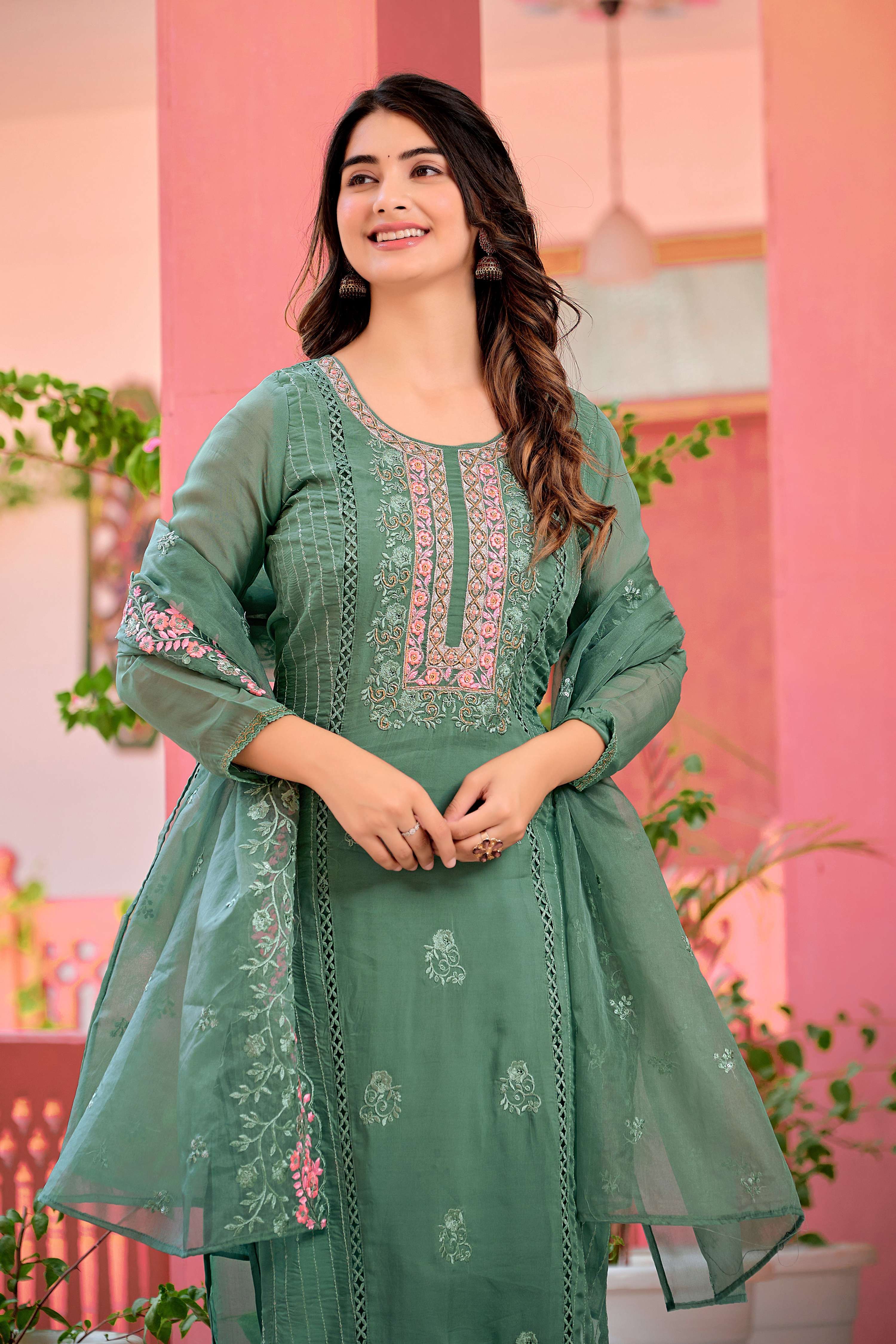 Hand Embroidered & Lace Detailed Kurta With Pant & Dupatta Premium Luxury, Multicolor - Hiral Fashion - Distacart