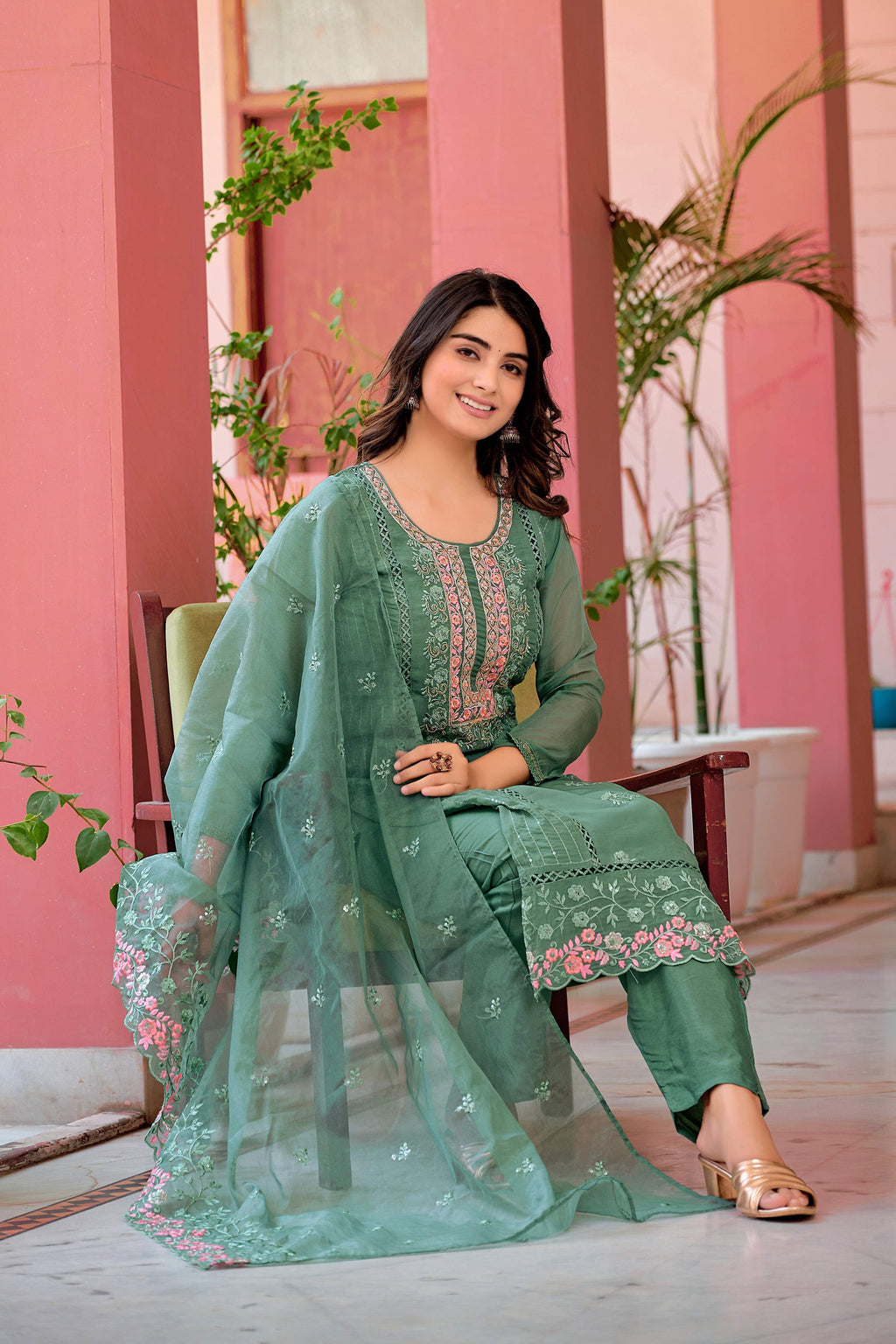 Hand Embroidered & Lace Detailed Kurta With Pant & Dupatta Premium Luxury, Multicolor - Hiral Fashion - Distacart