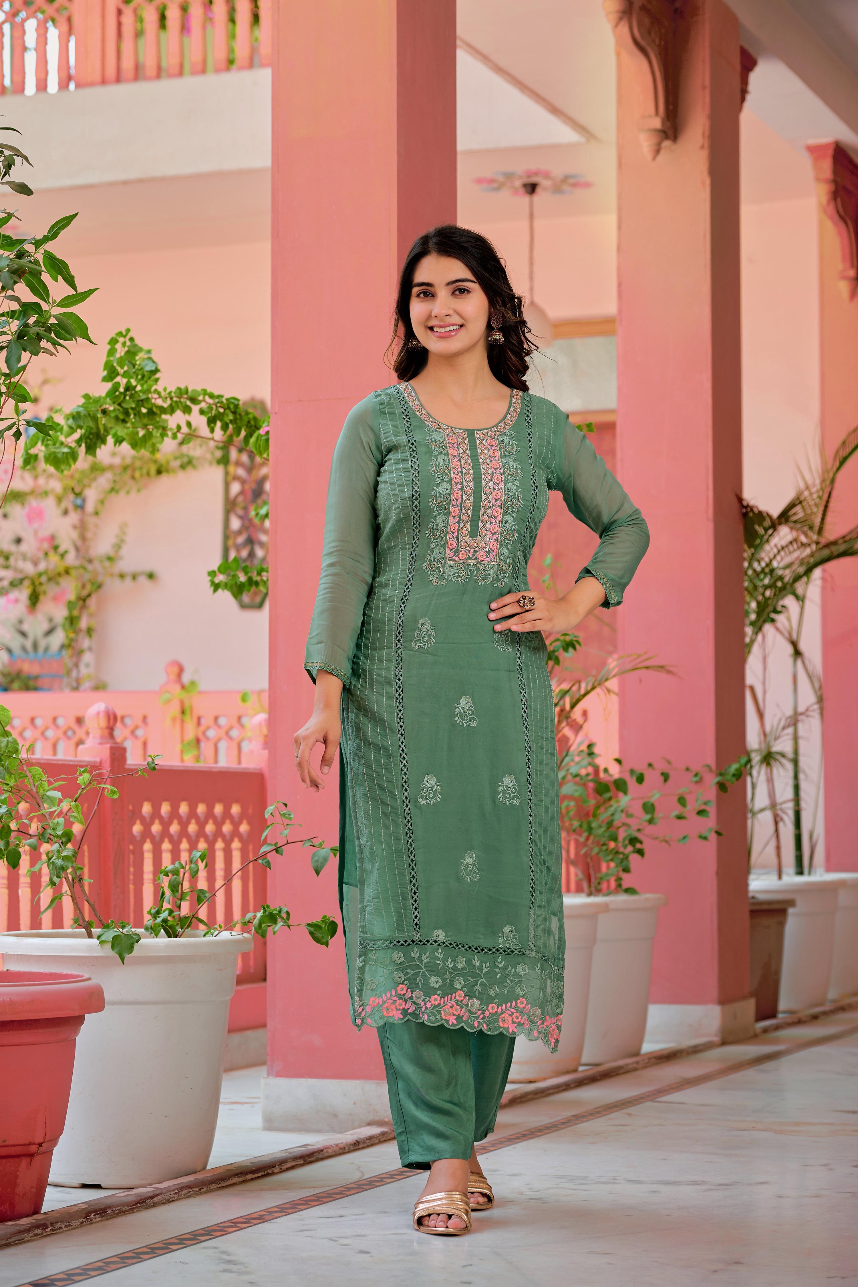 Hand Embroidered & Lace Detailed Kurta With Pant & Dupatta Premium Luxury, Multicolor - Hiral Fashion - Distacart