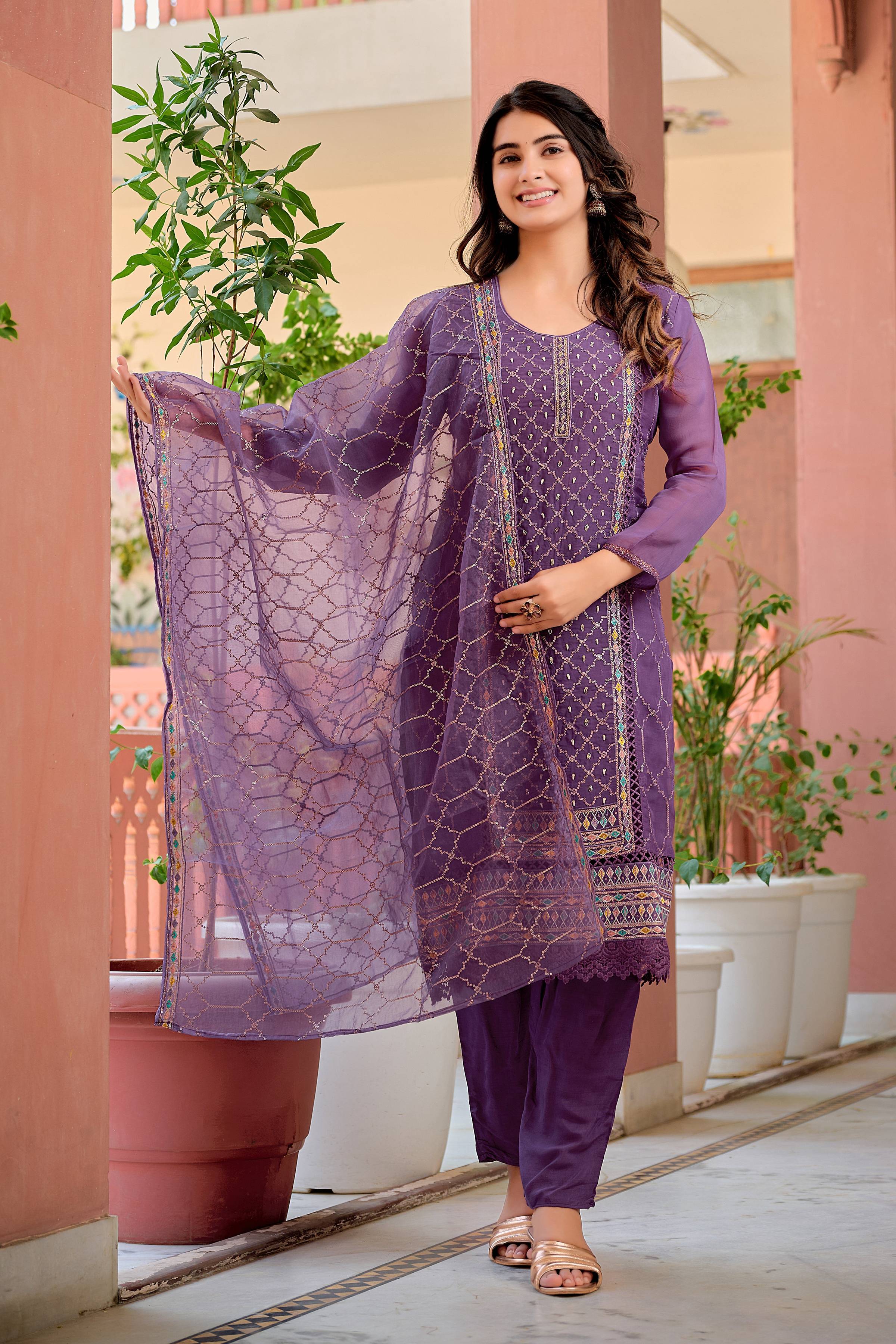 Hand Embroidered & Lace Detailed Kurta With Pant & Dupatta Premium Luxury, Multicolor - Hiral Fashion - Distacart