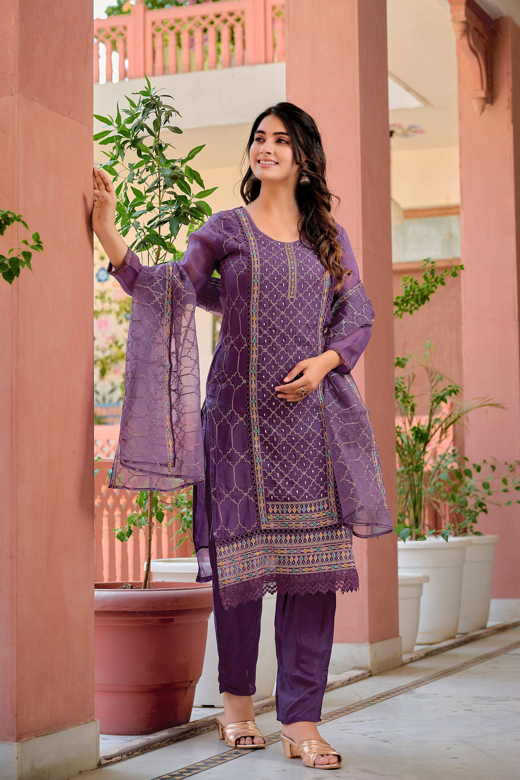 Hand Embroidered & Lace Detailed Kurta With Pant & Dupatta Premium Luxury, Multicolor - Hiral Fashion - Distacart