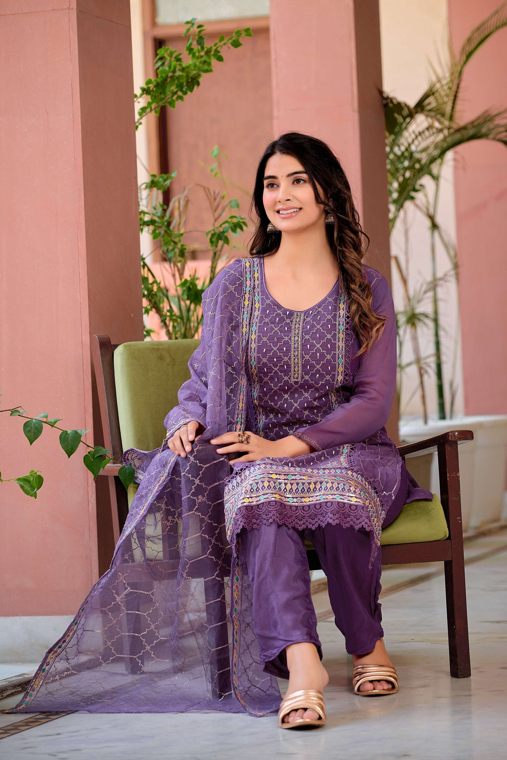 Hand Embroidered & Lace Detailed Kurta With Pant & Dupatta Premium Luxury, Multicolor - Hiral Fashion - Distacart