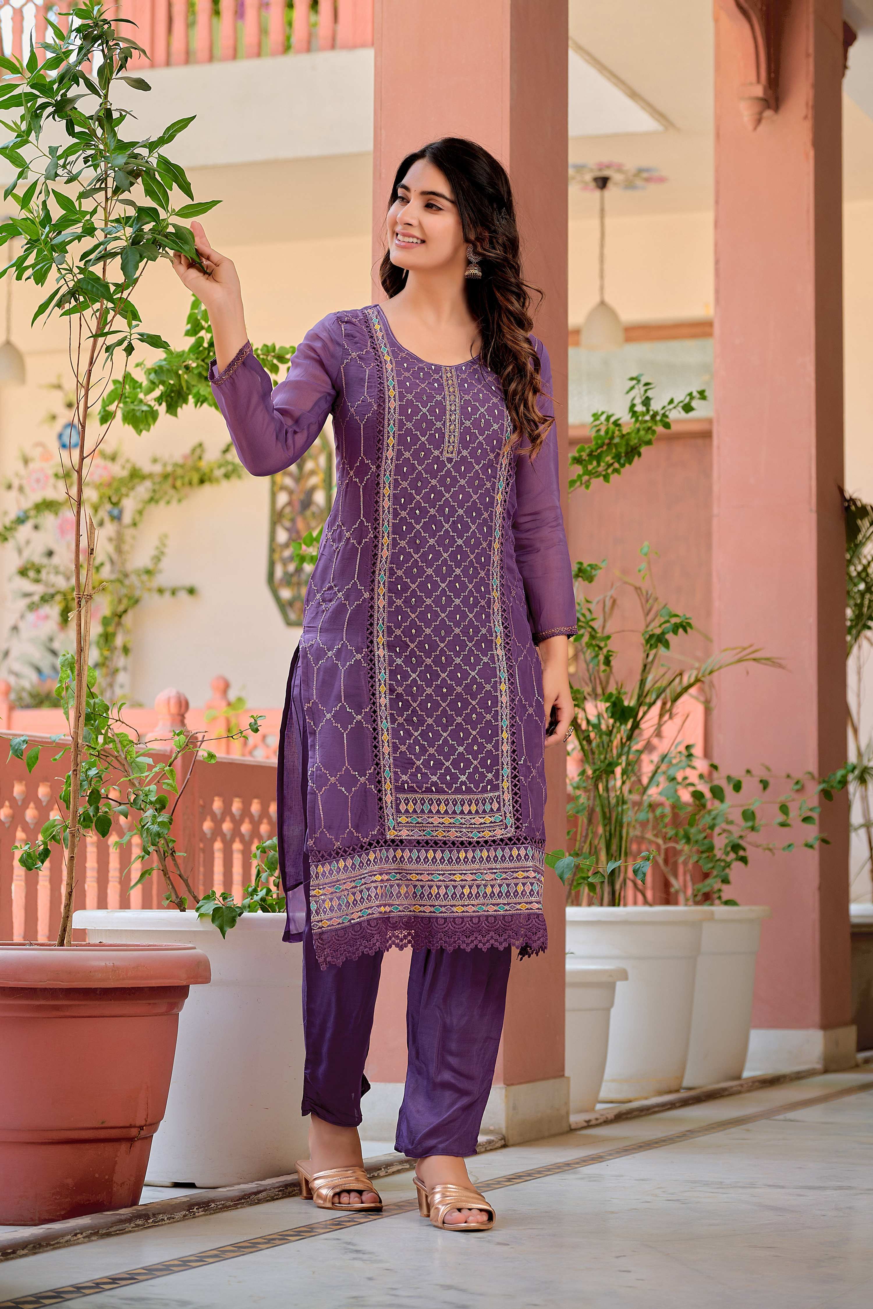 Hand Embroidered & Lace Detailed Kurta With Pant & Dupatta Premium Luxury, Multicolor - Hiral Fashion - Distacart