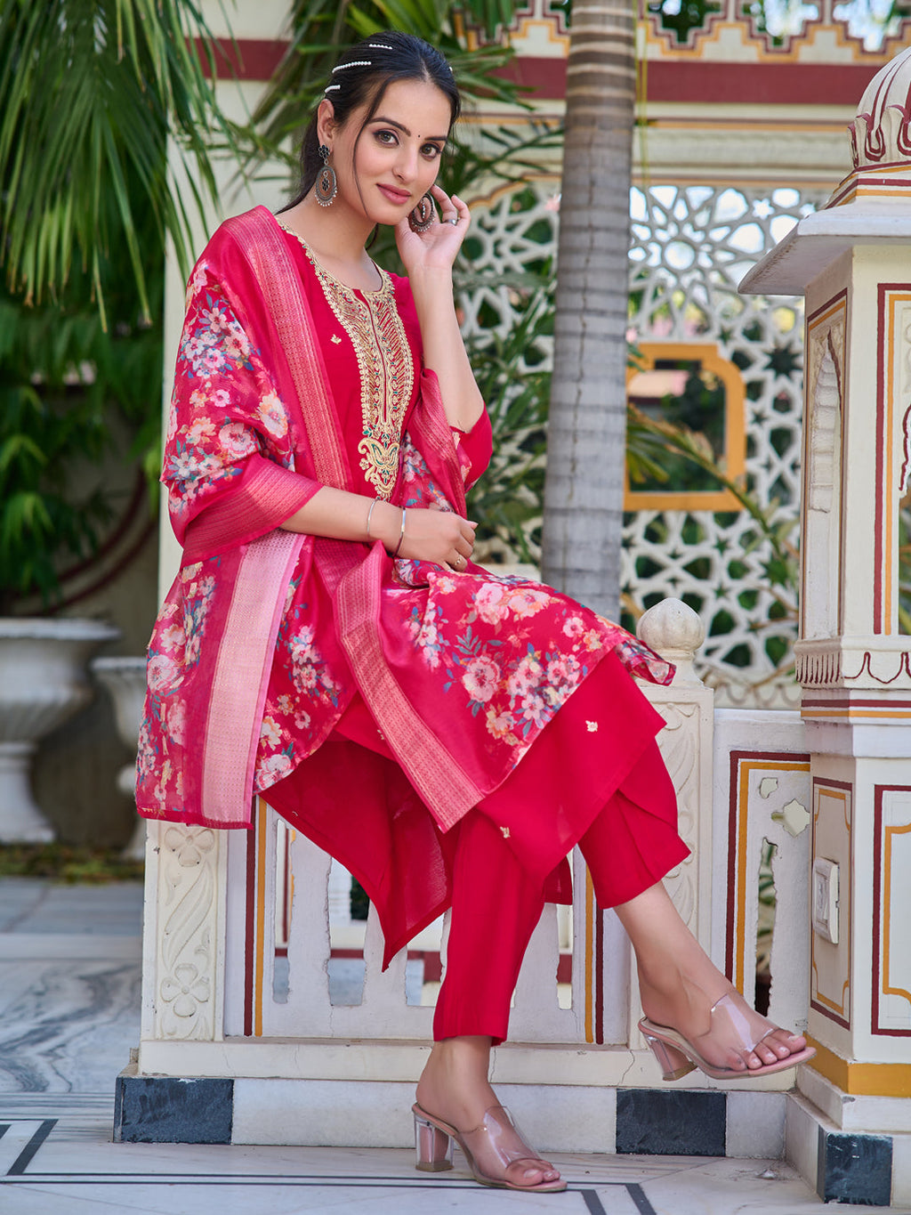 Hand Embroidered Kurta With Pant & Printed Dupatta Luxury Premium, Multicolor - Hiral Fashion