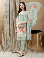 Schiffli Embroidered Kurta With Pant & Printed Dupatta Luxury Premium, Green - Hiral Fashion