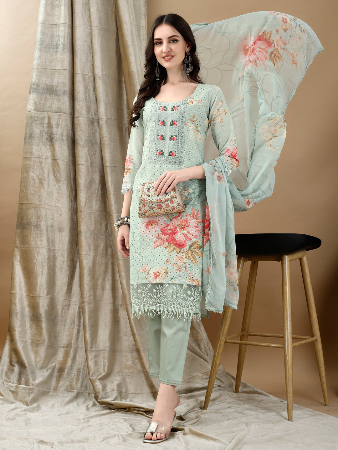Schiffli Embroidered Kurta With Pant & Printed Dupatta Luxury Premium, Green - Hiral Fashion