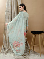 Schiffli Embroidered Kurta With Pant & Printed Dupatta Luxury Premium, Green - Hiral Fashion