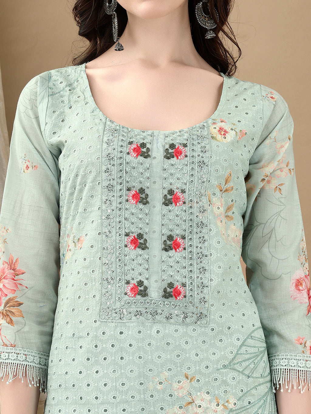 Schiffli Embroidered Kurta With Pant & Printed Dupatta Luxury Premium, Green - Hiral Fashion