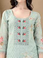 Schiffli Embroidered Kurta With Pant & Printed Dupatta Luxury Premium, Green - Hiral Fashion