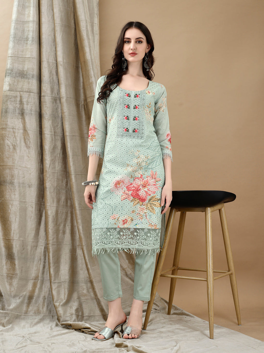 Schiffli Embroidered Kurta With Pant & Printed Dupatta Luxury Premium, Green - Hiral Fashion