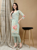 Schiffli Embroidered Kurta With Pant & Printed Dupatta Luxury Premium, Green - Hiral Fashion