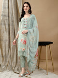 Schiffli Embroidered Kurta With Pant & Printed Dupatta Luxury Premium, Green - Hiral Fashion