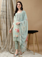Schiffli Embroidered Kurta With Pant & Printed Dupatta Luxury Premium, Green - Hiral Fashion