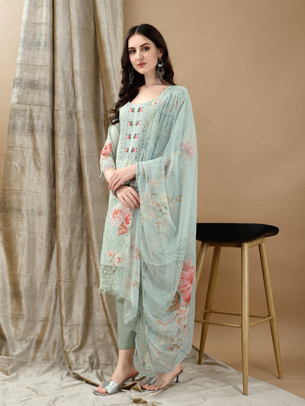 Schiffli Embroidered Kurta With Pant & Printed Dupatta Luxury Premium, Green - Hiral Fashion