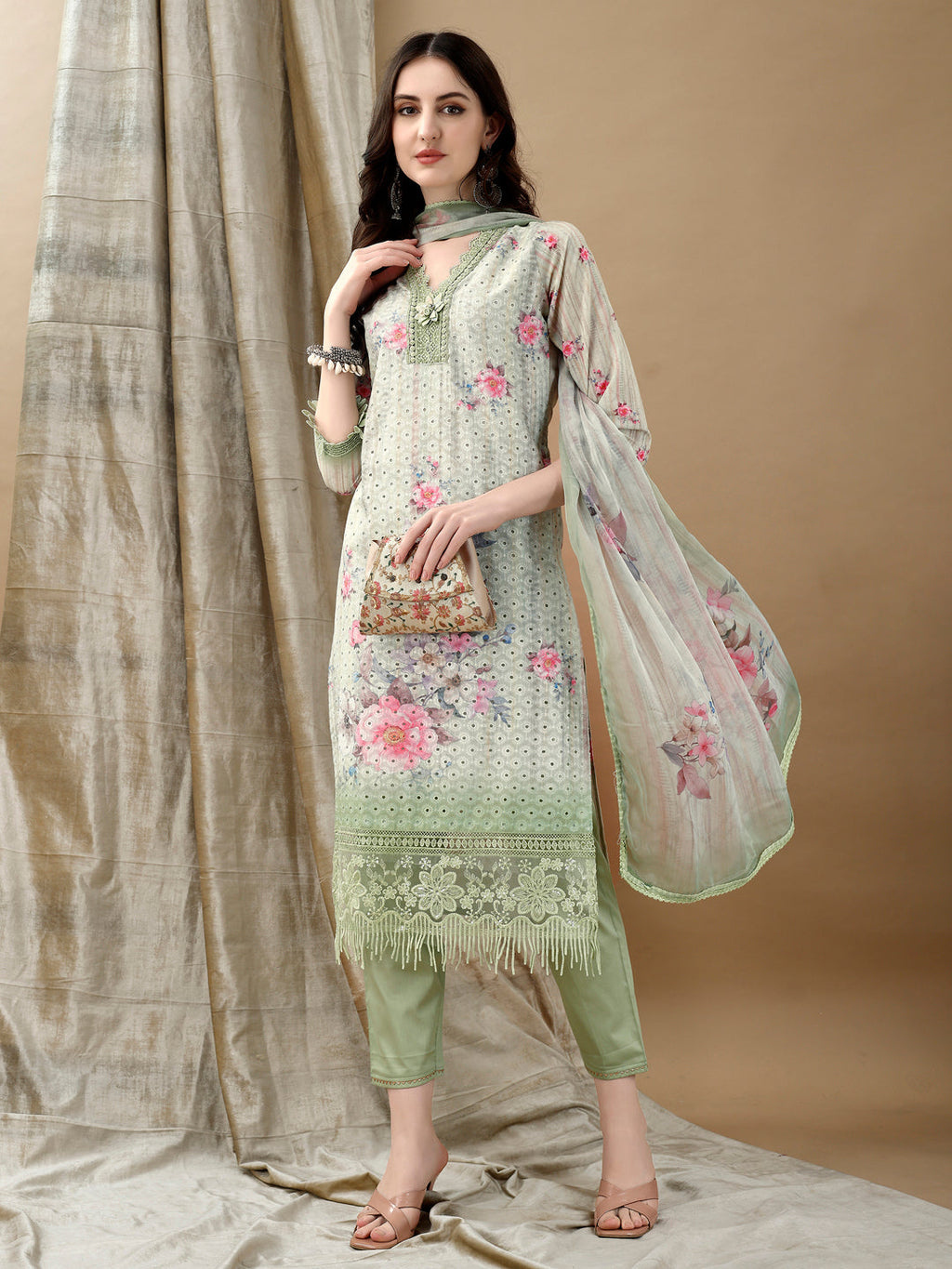 Schiffli Embroidered Kurta With Pant & Printed Dupatta Luxury Premium, Green - Hiral Fashion