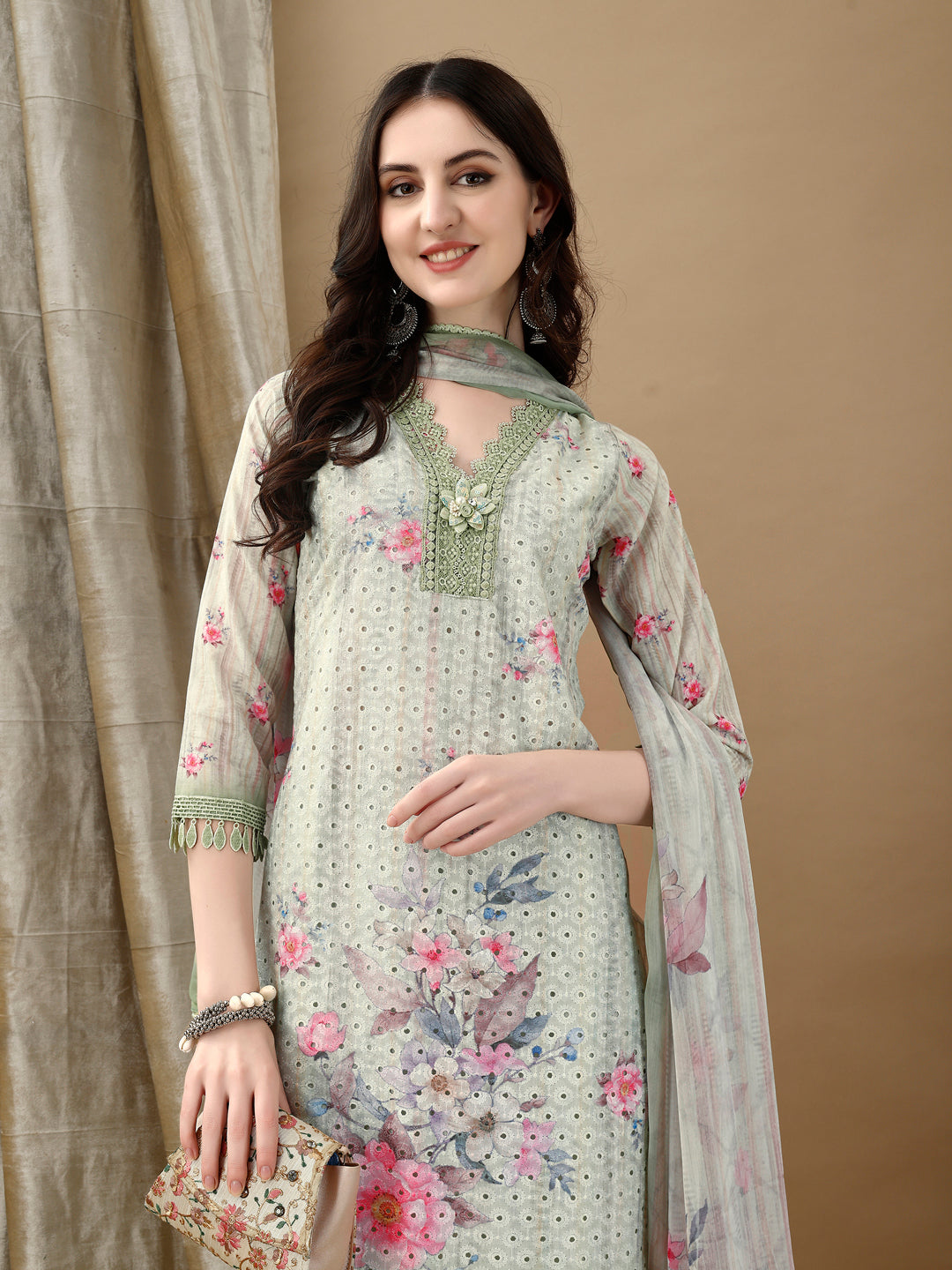 Schiffli Embroidered Kurta With Pant & Printed Dupatta Luxury Premium, Green - Hiral Fashion