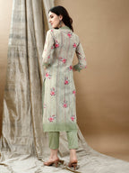 Schiffli Embroidered Kurta With Pant & Printed Dupatta Luxury Premium, Green - Hiral Fashion