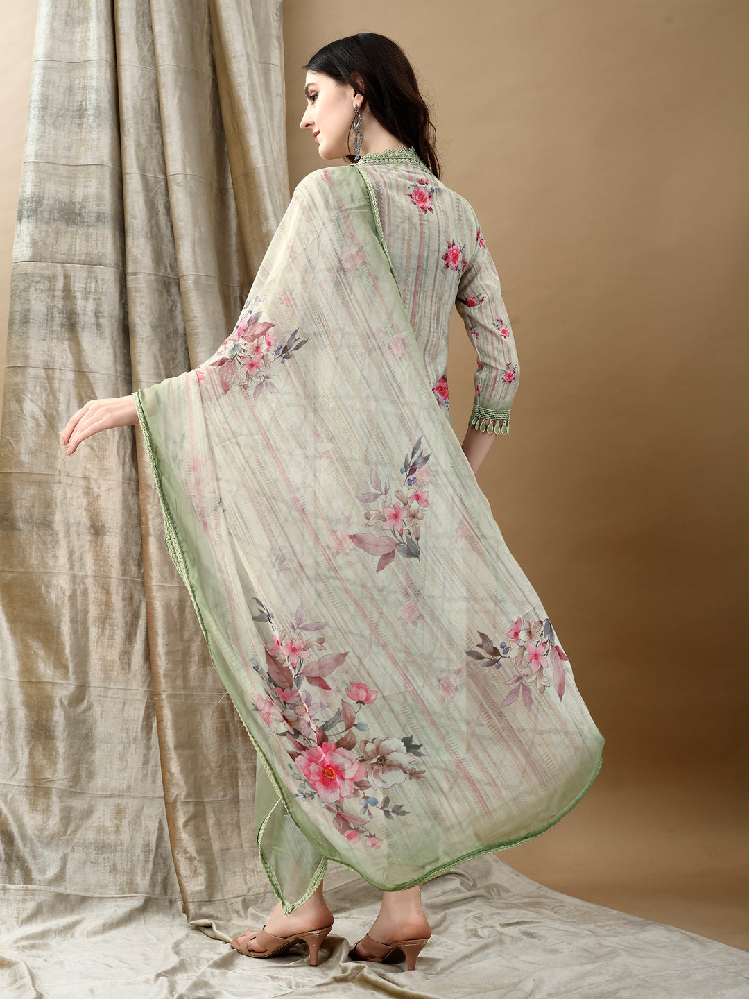 Schiffli Embroidered Kurta With Pant & Printed Dupatta Luxury Premium, Green - Hiral Fashion