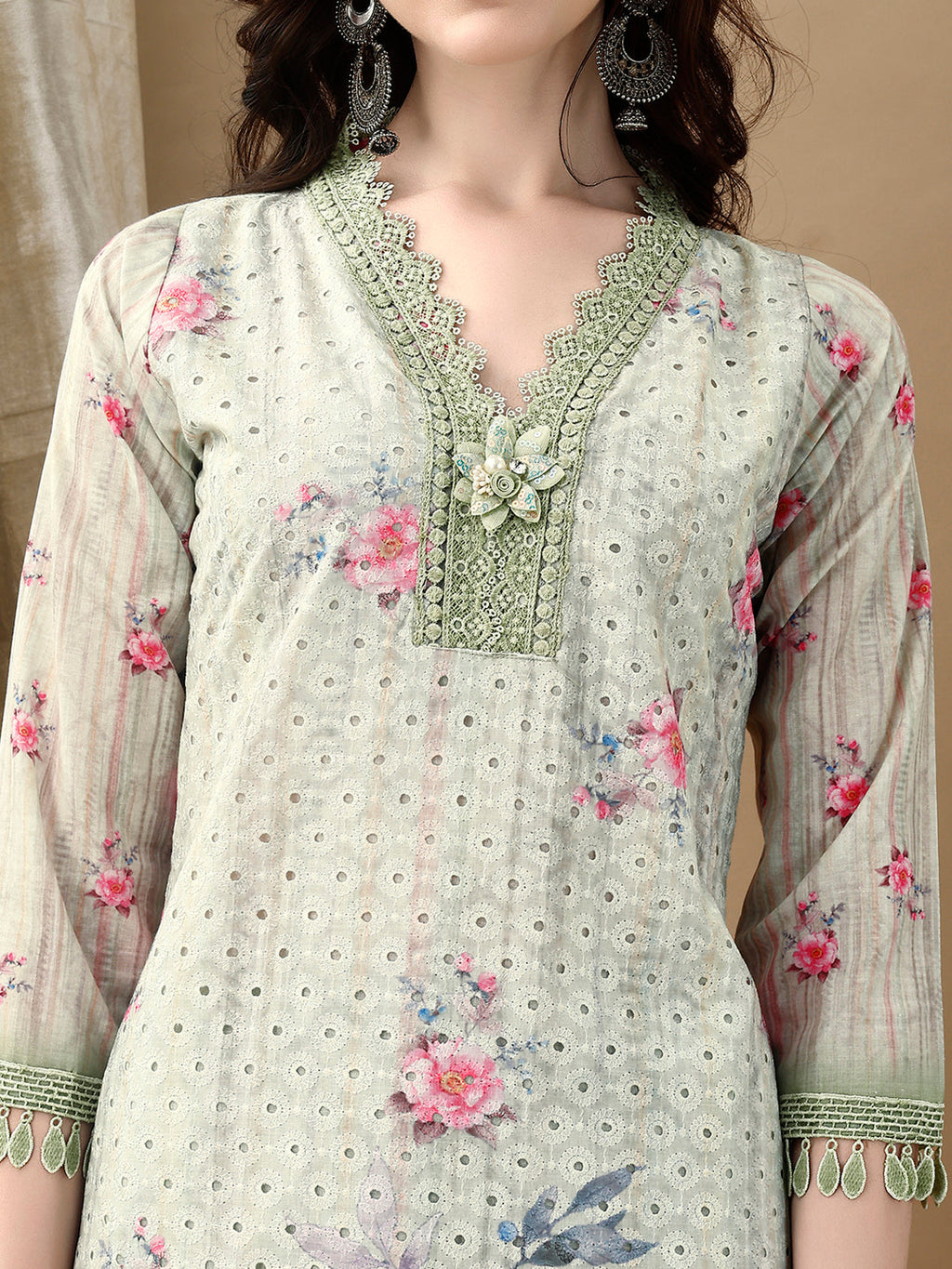 Schiffli Embroidered Kurta With Pant & Printed Dupatta Luxury Premium, Green - Hiral Fashion