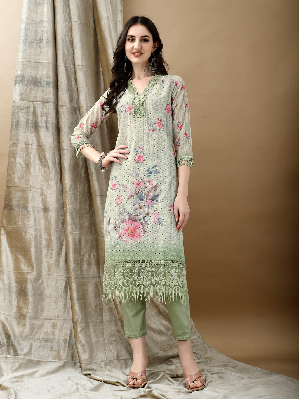 Schiffli Embroidered Kurta With Pant & Printed Dupatta Luxury Premium, Green - Hiral Fashion