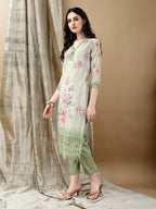 Schiffli Embroidered Kurta With Pant & Printed Dupatta Luxury Premium, Green - Hiral Fashion