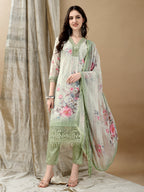 Schiffli Embroidered Kurta With Pant & Printed Dupatta Luxury Premium, Green - Hiral Fashion