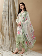 Schiffli Embroidered Kurta With Pant & Printed Dupatta Luxury Premium, Green - Hiral Fashion