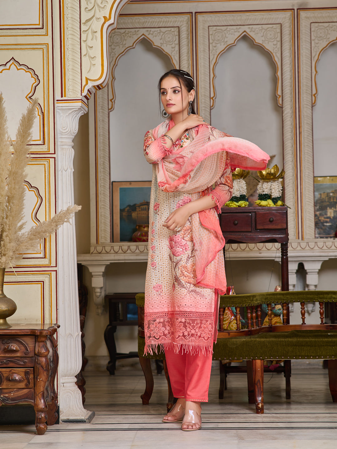Schiffli Embroidered Kurta With Pant & Printed Dupatta Premium Luxury, Multicolor - Hiral Fashion - Distacart