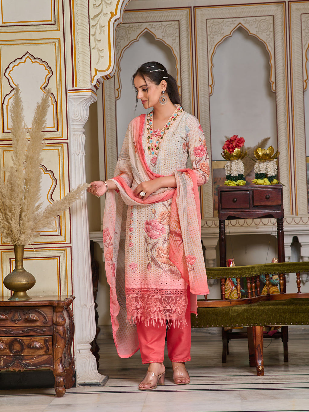 Schiffli Embroidered Kurta With Pant & Printed Dupatta Premium Luxury, Multicolor - Hiral Fashion - Distacart