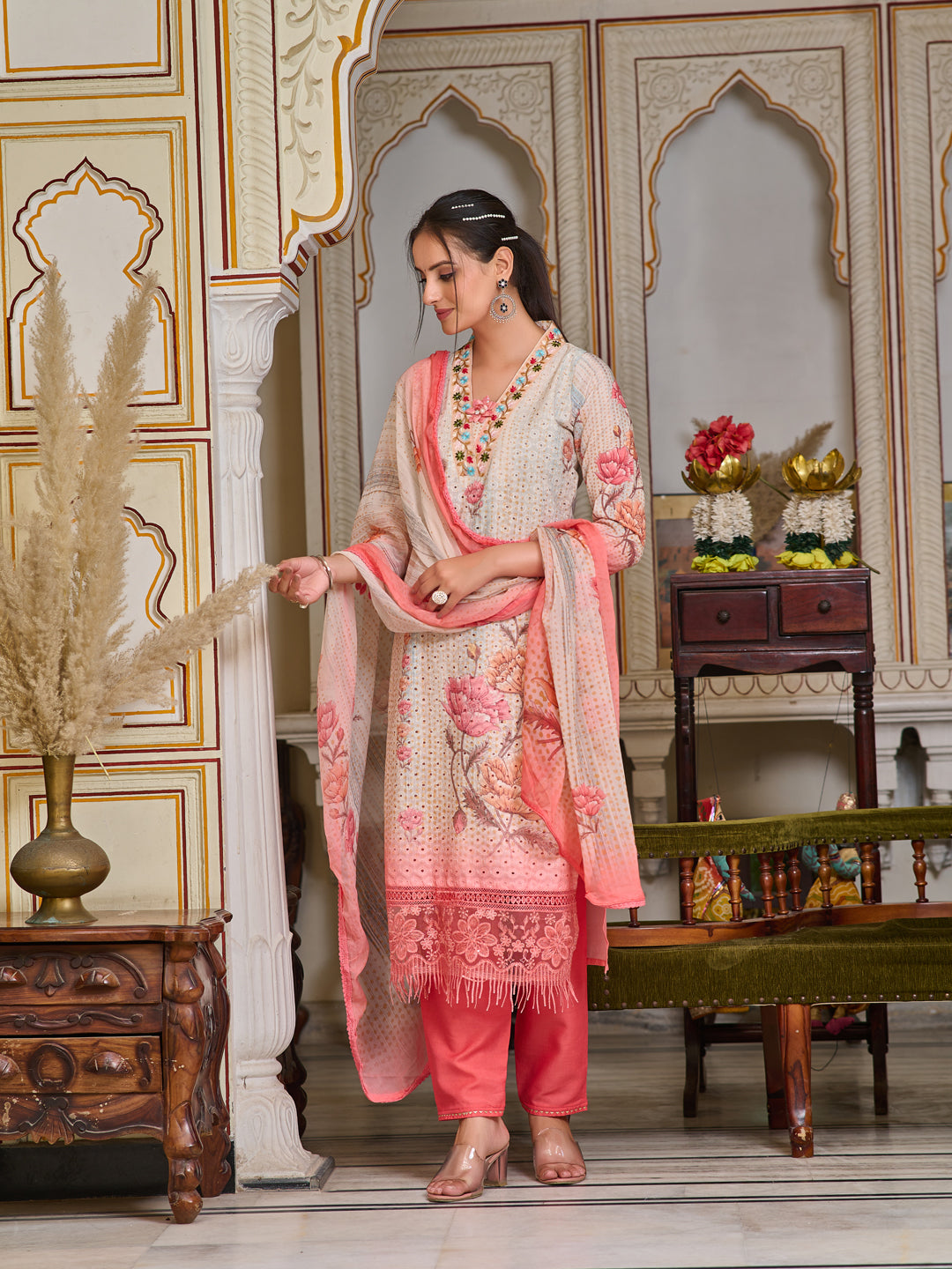 Schiffli Embroidered Kurta With Pant & Printed Dupatta Premium Luxury, Multicolor - Hiral Fashion - Distacart