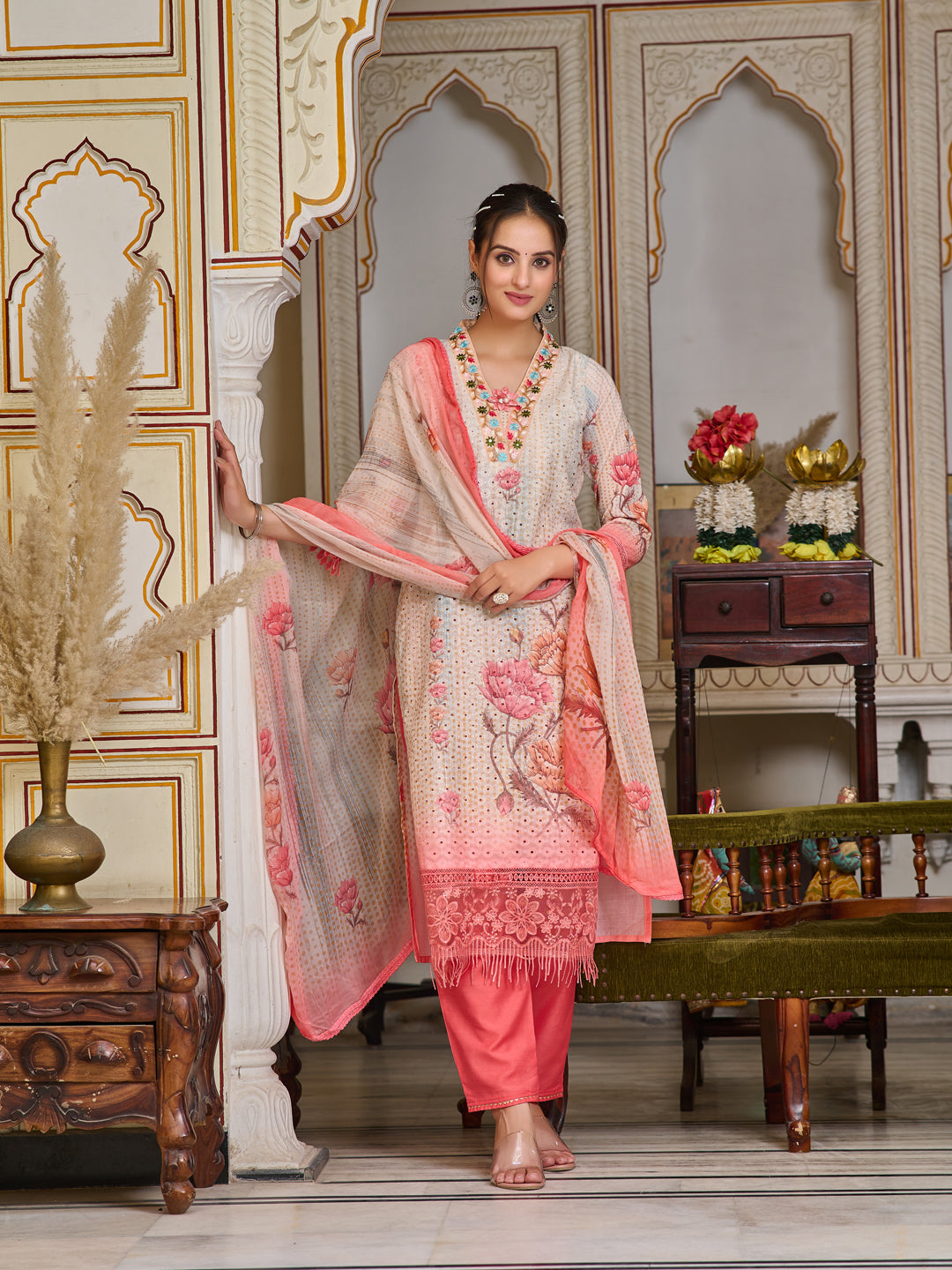 Schiffli Embroidered Kurta With Pant & Printed Dupatta Premium Luxury, Multicolor - Hiral Fashion - Distacart
