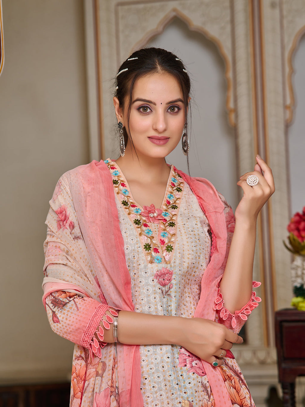 Schiffli Embroidered Kurta With Pant & Printed Dupatta Premium Luxury, Multicolor - Hiral Fashion - Distacart