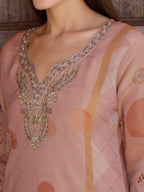 Hand Embroidered & Printed Silk Kurta With Pant & Dupatta, Peach - Hiral Fashion