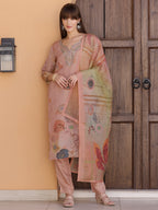 Hand Embroidered & Printed Silk Kurta With Pant & Dupatta, Peach - Hiral Fashion