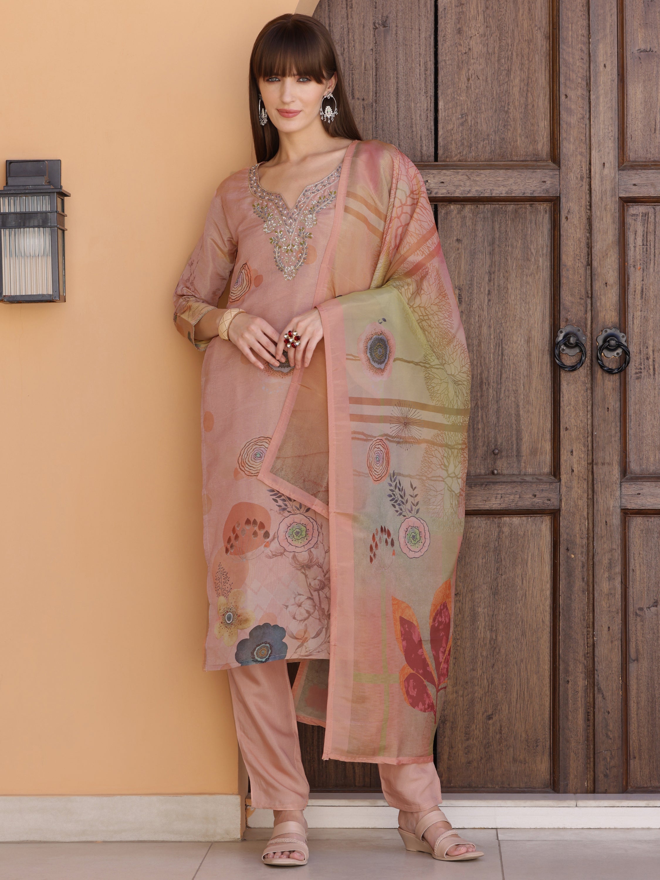 Hand Embroidered & Printed Silk Kurta With Pant & Dupatta, Peach - Hiral Fashion