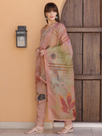 Hand Embroidered & Printed Silk Kurta With Pant & Dupatta, Peach - Hiral Fashion