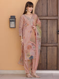 Hand Embroidered & Printed Silk Kurta With Pant & Dupatta, Peach - Hiral Fashion