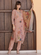 Hand Embroidered & Printed Silk Kurta With Pant & Dupatta, Peach - Hiral Fashion