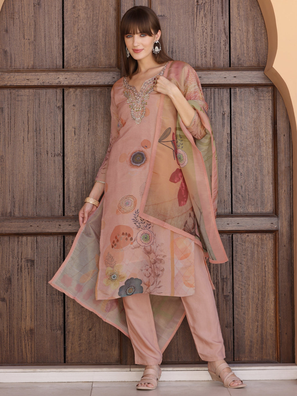 Hand Embroidered & Printed Silk Kurta With Pant & Dupatta, Peach - Hiral Fashion