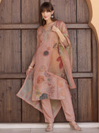 Hand Embroidered & Printed Silk Kurta With Pant & Dupatta, Peach - Hiral Fashion