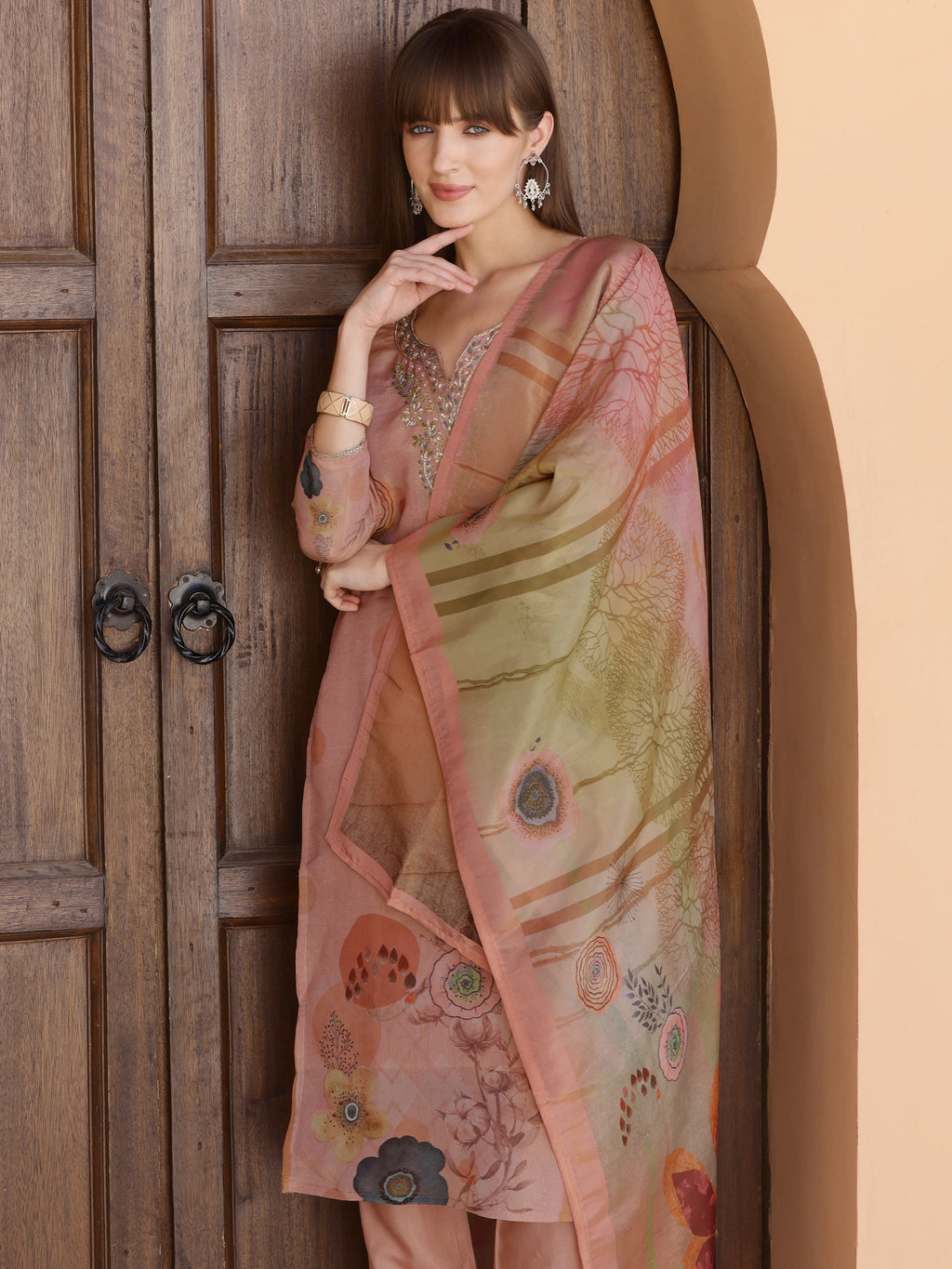 Hand Embroidered & Printed Silk Kurta With Pant & Dupatta, Peach - Hiral Fashion