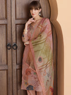 Hand Embroidered & Printed Silk Kurta With Pant & Dupatta, Peach - Hiral Fashion