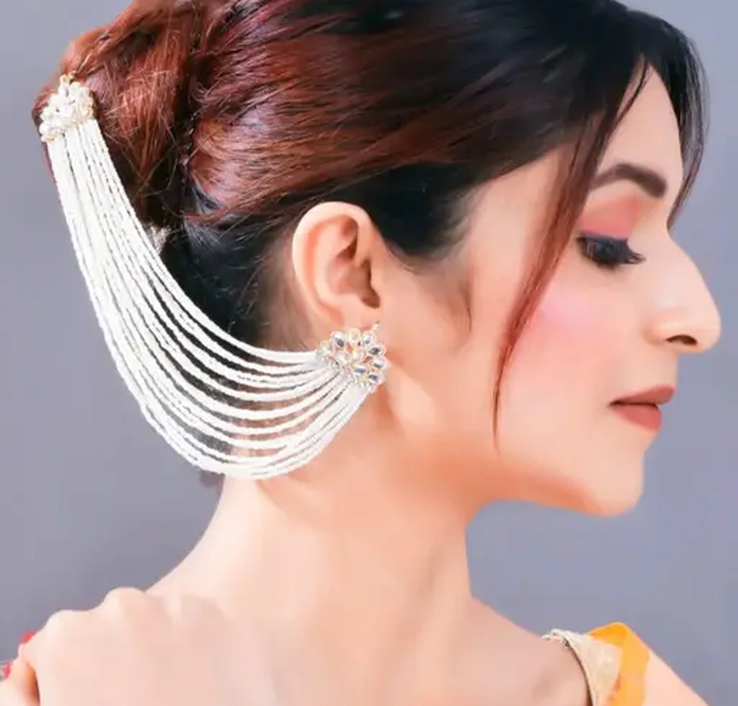 Jewel City Pearl Cascade Ear Cuff and Hair Chain | Bridal White Beaded Statement Earrings - Distacart