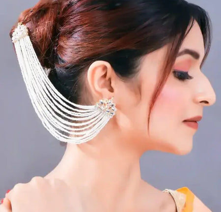 Jewel City Pearl Cascade Ear Cuff and Hair Chain | Bridal White Beaded Statement Earrings